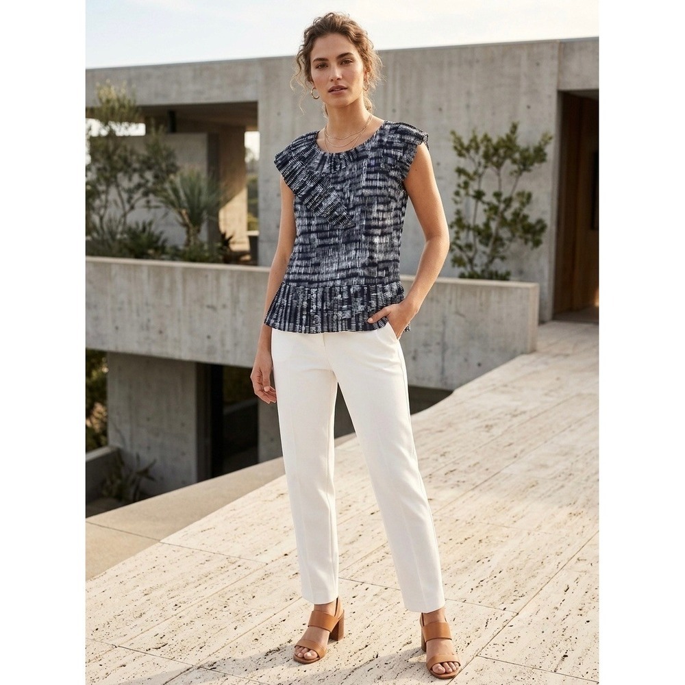 Banana Republic Blue White Abstract Print Ruffle Peplum Blouse XXS Petite